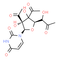 ChemSpider 2D Image | 1-{(2R,3R,5R)-3,4-Diacetyl-3,4-dihydroxy-5-[(1S)-1-hydroxy-2-oxopropyl]tetrahydro-2-furanyl}-2,4(1H,3H)-pyrimidinedione | C15H18N2O9