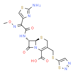 ChemSpider 2D Image | (6R,7S)-7-{[(2E)-2-(2-Amino-1,3-thiazol-4-yl)-2-(methoxyimino)acetyl]amino}-8-oxo-3-[(1,2,3-thiadiazol-5-ylsulfanyl)methyl]-5-thia-1-azabicyclo[4.2.0]oct-2-ene-2-carboxylic acid | C16H15N7O5S4