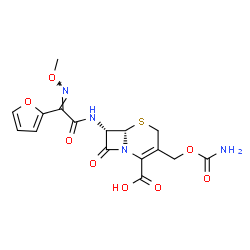 ChemSpider 2D Image | (6S,7S)-3-[(Carbamoyloxy)methyl]-7-{[(2E)-2-(2-furyl)-2-(methoxyimino)acetyl]amino}-8-oxo-5-thia-1-azabicyclo[4.2.0]oct-2-ene-2-carboxylic acid | C16H16N4O8S