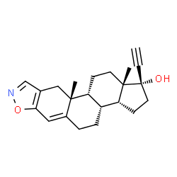 ChemSpider 2D Image | (1S,3aR,3bR,10aR,10bR,12aS)-1-Ethynyl-10a,12a-dimethyl-2,3,3a,3b,4,5,10,10a,10b,11,12,12a-dodecahydro-1H-cyclopenta[7,8]phenanthro[3,2-d][1,2]oxazol-1-ol | C22H27NO2