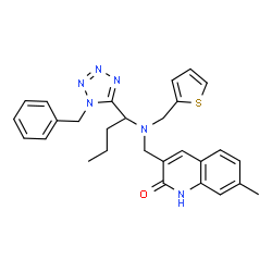 ChemSpider 2D Image | 3-({[1-(1-Benzyl-1H-tetrazol-5-yl)butyl](2-thienylmethyl)amino}methyl)-7-methyl-2(1H)-quinolinone | C28H30N6OS