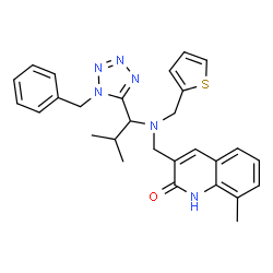 ChemSpider 2D Image | 3-({[1-(1-Benzyl-1H-tetrazol-5-yl)-2-methylpropyl](2-thienylmethyl)amino}methyl)-8-methyl-2(1H)-quinolinone | C28H30N6OS