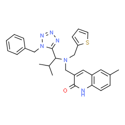 ChemSpider 2D Image | 3-({[1-(1-Benzyl-1H-tetrazol-5-yl)-2-methylpropyl](2-thienylmethyl)amino}methyl)-6-methyl-2(1H)-quinolinone | C28H30N6OS