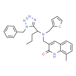 ChemSpider 2D Image | 3-({[1-(1-Benzyl-1H-tetrazol-5-yl)butyl](2-thienylmethyl)amino}methyl)-8-methyl-2(1H)-quinolinone | C28H30N6OS