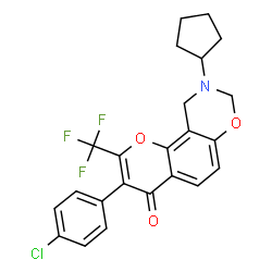 ChemSpider 2D Image | 3-(4-Chlorophenyl)-9-cyclopentyl-2-(trifluoromethyl)-9,10-dihydro-4H,8H-chromeno[8,7-e][1,3]oxazin-4-one | C23H19ClF3NO3