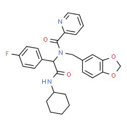ChemSpider 2D Image | N-(1,3-Benzodioxol-5-ylmethyl)-N-[2-(cyclohexylamino)-1-(4-fluorophenyl)-2-oxoethyl]-2-pyridinecarboxamide | C28H28FN3O4