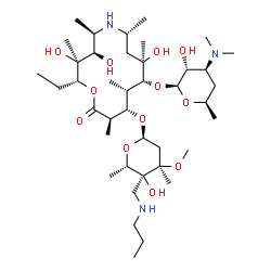 ChemSpider 2D Image | (2R,3S,4R,5R,7R,9R,10R,11S,12S,13R)-2-Ethyl-3,4,9-trihydroxy-3,5,7,9,11,13-hexamethyl-14-oxo-10-{[3,4,6-trideoxy-3-(dimethylamino)-beta-D-xylo-hexopyranosyl]oxy}-1-oxa-6-azacyclotetradecan-12-yl 2,6-d
ideoxy-3-C-methyl-3-O-methyl-4-C-[(propylamino)methyl]-alpha-L-ribo-hexopyranoside | C40H77N3O12
