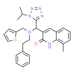 ChemSpider 2D Image | 3-{(1-Isopropyl-1H-tetrazol-5-yl)[(2-phenylethyl)(2-thienylmethyl)amino]methyl}-8-methyl-2(1H)-quinolinone | C28H30N6OS