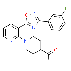 ChemSpider 2D Image | 1-{3-[3-(3-Fluorophenyl)-1,2,4-oxadiazol-5-yl]-2-pyridinyl}-4-piperidinecarboxylic acid | C19H17FN4O3