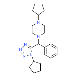 ChemSpider 2D Image | 1-Cyclopentyl-4-[(1-cyclopentyl-1H-tetrazol-5-yl)(phenyl)methyl]piperazine | C22H32N6