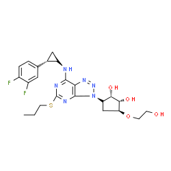 ChemSpider 2D Image | (1S,2S,3S,5S)-3-[7-{[(1S,2S)-2-(3,4-Difluorophenyl)cyclopropyl]amino}-5-(propylsulfanyl)-3H-[1,2,3]triazolo[4,5-d]pyrimidin-3-yl]-5-(2-hydroxyethoxy)-1,2-cyclopentanediol | C23H28F2N6O4S