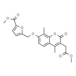 ChemSpider 2D Image | Methyl 5-({[3-(2-methoxy-2-oxoethyl)-4,8-dimethyl-2-oxo-2H-chromen-7-yl]oxy}methyl)-2-furoate | C21H20O8