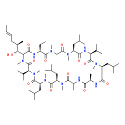 ChemSpider 2D Image | (3S,6S,9R,15R,18S,21S,24S,30S)-30-Ethyl-33-[(1R,2R,4E)-1-hydroxy-2-methyl-4-hexen-1-yl]-6,9,18,24-tetraisobutyl-3,21-diisopropyl-1,4,7,10,12,15,19,25,28-nonamethyl-1,4,7,10,13,16,19,22,25,28,31-undeca
azacyclotritriacontane-2,5,8,11,14,17,20,23,26,29,32-undecone | C62H111N11O12
