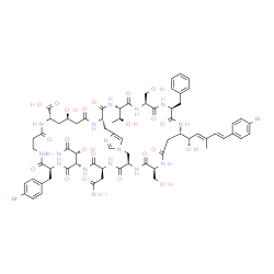 ChemSpider 2D Image | (1S,5R,7S,14S,17S,20S,23R,26S,30S,33S,36S,39S)-17-[(1R)-2-Amino-1-hydroxy-2-oxoethyl]-20-(2-amino-2-oxoethyl)-33-benzyl-14-(4-bromobenzyl)-30-[(1S,2E,4E)-5-(4-bromophenyl)-1-hydroxy-3-methyl-2,4-penta
dien-1-yl]-5-hydroxy-39-[(1S)-1-hydroxyethyl]-26,36-bis(hydroxymethyl)-3,9,13,16,19,22,25,28,32,35,38,41-dodecaoxo-2,8,12,15,18,21,24,27,31,34,37,40,44,46-tetradecaazatricyclo[21.18.6.1~43,46~]octatet
raconta-43(48),44-diene-7-carboxylic acid | C69H86Br2N16O22