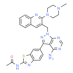 ChemSpider 2D Image | N-[6-(4-Amino-1-{[2-(4-methyl-1-piperazinyl)-3-quinolinyl]methyl}-1H-pyrazolo[3,4-d]pyrimidin-3-yl)-1,3-benzothiazol-2-yl]acetamide | C29H28N10OS