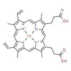 ChemSpider 2D Image | [3,3'-(3,7,12,17-Tetramethyl-8,13-divinyl-2,18-porphyrindiyl-kappa~4~N~21~,N~22~,N~23~,N~24~)dipropanoato(2-)]iron(2+) | C34H32FeN4O4