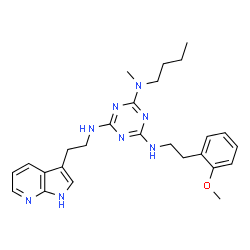 ChemSpider 2D Image | N~2~-Butyl-N~4~-[2-(2-methoxyphenyl)ethyl]-N~2~-methyl-N~6~-[2-(1H-pyrrolo[2,3-b]pyridin-3-yl)ethyl]-1,3,5-triazine-2,4,6-triamine | C26H34N8O