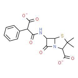 ChemSpider 2D Image | 6-{[Carboxylato(phenyl)acetyl]amino}-3,3-dimethyl-7-oxo-4-thia-1-azabicyclo[3.2.0]heptane-2-carboxylate | C17H16N2O6S