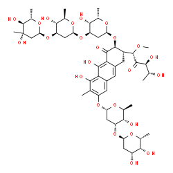 ChemSpider 2D Image | (1S)-5-Deoxy-1-C-[(2S,3S)-7-{[2,6-dideoxy-3-O-(2,6-dideoxy-alpha-D-lyxo-hexopyranosyl)-alpha-L-ribo-hexopyranosyl]oxy}-3-{[2,6-dideoxy-3-C-methyl-alpha-L-arabino-hexopyranosyl-(1->3)-2,6-dideoxy-beta-
D-arabino-hexopyranosyl-(1->3)-2,6-dideoxy-alpha-L-xylo-hexopyranosyl]oxy}-5,10-dihydroxy-6-methyl-4-oxo-1,2,3,4-tetrahydro-2-anthracenyl]-1-O-methyl-D-xylulose | C52H76O24
