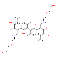 ChemSpider 2D Image | (8Z,8'Z)-1,1',6,6'-Tetrahydroxy-8,8'-bis({[2-(2-hydroxyethoxy)ethyl]amino}methylene)-5,5'-diisopropyl-3,3'-dimethyl-8,8a-dihydro-2,2'-binaphthalene-7,7'(6H,8'H)-dione | C38H50N2O10