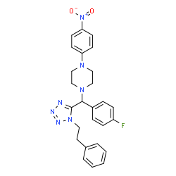 ChemSpider 2D Image | 1-{(4-Fluorophenyl)[1-(2-phenylethyl)-1H-tetrazol-5-yl]methyl}-4-(4-nitrophenyl)piperazine | C26H26FN7O2