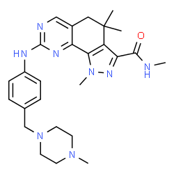 ChemSpider 2D Image | N,1,4,4-Tetramethyl-8-({4-[(4-methyl-1-piperazinyl)methyl]phenyl}amino)-4,5-dihydro-1H-pyrazolo[4,3-h]quinazoline-3-carboxamide | C26H34N8O