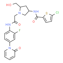 ChemSpider 2D Image | 5-Chloro-N-[1-(2-{[2-fluoro-4-(2-oxo-1(2H)-pyridinyl)phenyl]amino}-2-oxoethyl)-5-(hydroxymethyl)-3-pyrrolidinyl]-2-thiophenecarboxamide | C23H22ClFN4O4S