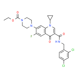 ChemSpider 2D Image | Ethyl 4-{1-cyclopropyl-3-[(2,4-dichlorobenzyl)carbamoyl]-6-fluoro-4-oxo-1,4-dihydro-7-quinolinyl}-1-piperazinecarboxylate | C27H27Cl2FN4O4