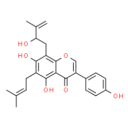 ChemSpider 2D Image | 5,7-Dihydroxy-8-(2-hydroxy-3-methyl-3-buten-1-yl)-3-(4-hydroxyphenyl)-6-(3-methyl-2-buten-1-yl)-4H-chromen-4-one | C25H26O6