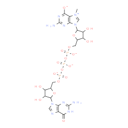 ChemSpider 2D Image | [[(2R,3S,4R,5R)-5-(2-amino-7-methyl-6-oxido-purin-7-ium-9-yl)-3,4-dihydroxy-tetrahydrofuran-2-yl]methoxy-oxido-phosphoryl] [[(2R,3S,4R,5R)-5-(2-amino-6-oxo-1H-purin-9-yl)-3,4-dihydroxy-tetrahydrofuran-2-yl]methoxy-oxido-phosphoryl] phosphate | C21H26N10O18P3