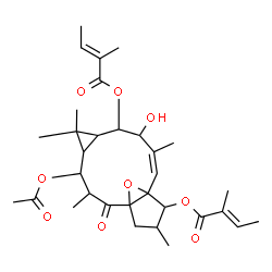 ChemSpider 2D Image | (10Z)-4-Acetoxy-9-hydroxy-3,6,6,10,14-pentamethyl-2-oxo-16-oxatetracyclo[10.3.1.0~1,12~.0~5,7~]hexadec-10-ene-8,13-diyl (2E,2'E)bis(2-methyl-2-butenoate) | C32H44O9