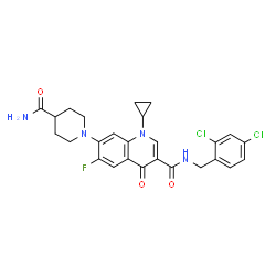 ChemSpider 2D Image | 7-(4-Carbamoyl-1-piperidinyl)-1-cyclopropyl-N-(2,4-dichlorobenzyl)-6-fluoro-4-oxo-1,4-dihydro-3-quinolinecarboxamide | C26H25Cl2FN4O3