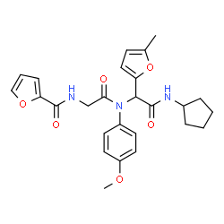 ChemSpider 2D Image | N-(2-{[2-(Cyclopentylamino)-1-(5-methyl-2-furyl)-2-oxoethyl](4-methoxyphenyl)amino}-2-oxoethyl)-2-furamide | C26H29N3O6