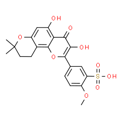 ChemSpider 2D Image | 5-(3,5-Dihydroxy-8,8-dimethyl-4-oxo-9,10-dihydro-4H,8H-pyrano[2,3-f]chromen-2-yl)-2-methoxybenzenesulfonic acid | C21H20O9S