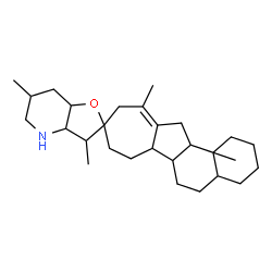 ChemSpider 2D Image | 3,6,11',12b'-Tetramethyl-2',3',3a,4,4',4a',5,5',6,6',6a',6b',7,7',7a,8',10',12',12a',12b'-icosahydro-1'H,3H-spiro[furo[3,2-b]pyridine-2,9'-naphtho[2,1-a]azulene] | C28H45NO