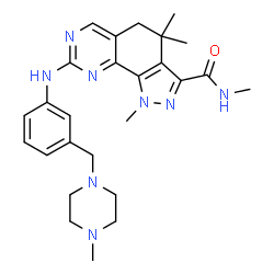 ChemSpider 2D Image | N,1,4,4-Tetramethyl-8-({3-[(4-methyl-1-piperazinyl)methyl]phenyl}amino)-4,5-dihydro-1H-pyrazolo[4,3-h]quinazoline-3-carboxamide | C26H34N8O
