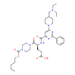 ChemSpider 2D Image | (4S)-4-{[(6-{4-[(Diethylamino)methyl]-1-piperidinyl}-2-phenyl-4-pyrimidinyl)carbonyl]amino}-5-oxo-5-{4-[(pentyloxy)carbonyl]-1-piperazinyl}pentanoic acid | C36H53N7O6