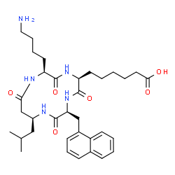 ChemSpider 2D Image | 6-[(2S,5S,8S,11S)-2-(4-Aminobutyl)-11-isobutyl-8-(1-naphthylmethyl)-3,6,9,13-tetraoxo-1,4,7,10-tetraazacyclotridecan-5-yl]hexanoic acid | C34H49N5O6