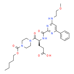 ChemSpider 2D Image | (4S)-4-[({4-[(2-Methoxyethyl)amino]-6-phenyl-2-pyrimidinyl}carbonyl)amino]-5-oxo-5-{4-[(pentyloxy)carbonyl]-1-piperazinyl}pentanoic acid | C29H40N6O7
