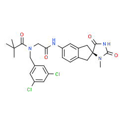 ChemSpider 2D Image | N-(3,5-Dichlorobenzyl)-2,2-dimethyl-N-(2-{[(4S)-3-methyl-2,5-dioxo-1',3'-dihydrospiro[imidazolidine-4,2'-inden]-5'-yl]amino}-2-oxoethyl)propanamide | C26H28Cl2N4O4