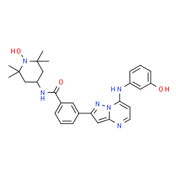 ChemSpider 2D Image | 3-{7-[(3-Hydroxyphenyl)amino]pyrazolo[1,5-a]pyrimidin-2-yl}-N-(1-hydroxy-2,2,6,6-tetramethyl-4-piperidinyl)benzamide | C28H32N6O3