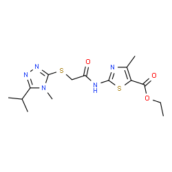 ChemSpider 2D Image | Ethyl 2-({[(5-isopropyl-4-methyl-4H-1,2,4-triazol-3-yl)sulfanyl]acetyl}amino)-4-methyl-1,3-thiazole-5-carboxylate | C15H21N5O3S2