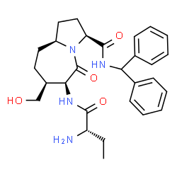 ChemSpider 2D Image | (3S,6S,7S,9aS)-6-{[(2S)-2-Aminobutanoyl]amino}-N-(diphenylmethyl)-7-(hydroxymethyl)-5-oxooctahydro-1H-pyrrolo[1,2-a]azepine-3-carboxamide | C28H36N4O4