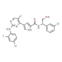ChemSpider 2D Image | 4-{2-[(4-Chloro-2-fluorophenyl)amino]-5-methyl-4-pyrimidinyl}-N-[(1S)-1-(3-chlorophenyl)-2-hydroxyethyl]-1H-pyrrole-2-carboxamide | C24H20Cl2FN5O2