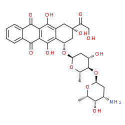 ChemSpider 2D Image | (1S,3S)-3-Glycoloyl-3,5,12-trihydroxy-6,11-dioxo-1,2,3,4,6,11-hexahydro-1-tetracenyl 4-O-(3-amino-2,3,6-trideoxy-alpha-L-lyxo-hexopyranosyl)-2,6-dideoxy-alpha-L-arabino-hexopyranoside | C32H37NO13