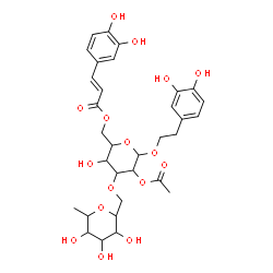 ChemSpider 2D Image | {5-Acetoxy-6-[2-(3,4-dihydroxyphenyl)ethoxy]-3-hydroxy-4-[(3,4,5-trihydroxy-6-methyltetrahydro-2H-pyran-2-yl)methoxy]tetrahydro-2H-pyran-2-yl}methyl (2E)-3-(3,4-dihydroxyphenyl)acrylate (non-preferred
 name) | C32H40O16