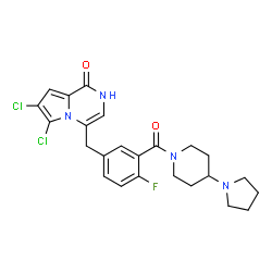 ChemSpider 2D Image | 6,7-Dichloro-4-(4-fluoro-3-{[4-(1-pyrrolidinyl)-1-piperidinyl]carbonyl}benzyl)pyrrolo[1,2-a]pyrazin-1(2H)-one | C24H25Cl2FN4O2