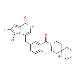 ChemSpider 2D Image | 6,7-Dichloro-4-[3-(1,9-diazaspiro[5.5]undec-9-ylcarbonyl)-4-fluorobenzyl]pyrrolo[1,2-a]pyrazin-1(2H)-one | C24H25Cl2FN4O2