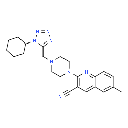 ChemSpider 2D Image | 2-{4-[(1-Cyclohexyl-1H-tetrazol-5-yl)methyl]-1-piperazinyl}-6-methyl-3-quinolinecarbonitrile | C23H28N8