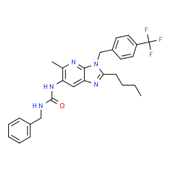 ChemSpider 2D Image | 1-Benzyl-3-{2-butyl-5-methyl-3-[4-(trifluoromethyl)benzyl]-3H-imidazo[4,5-b]pyridin-6-yl}urea | C27H28F3N5O